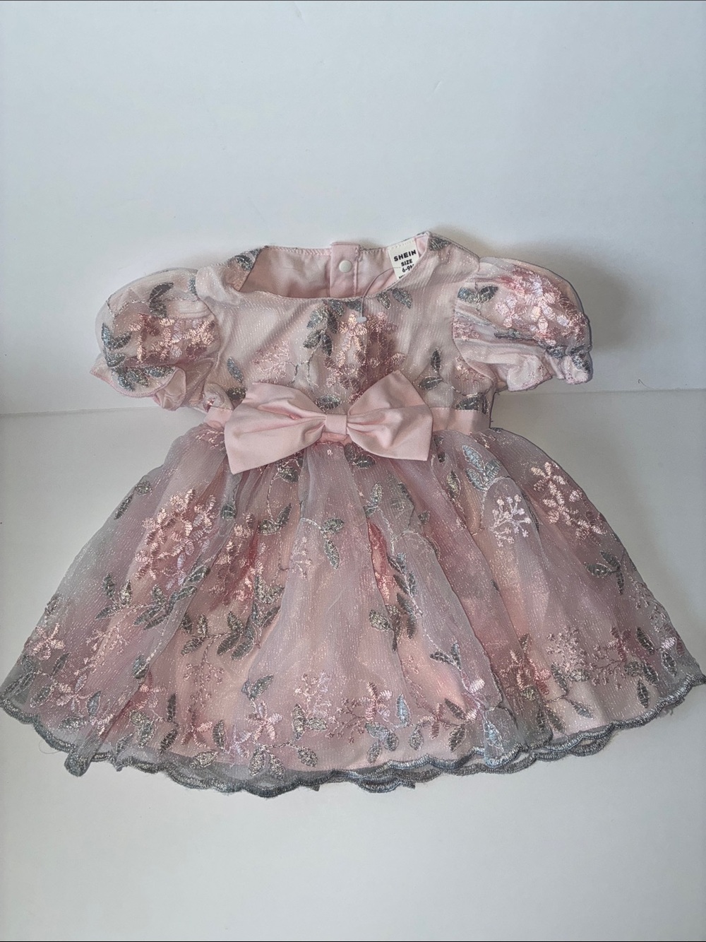SHEIN Pink Floral Embroidered Tulle Dress with Bow Accent